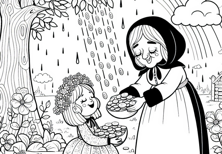 Nona Holle memberi penghargaan kepada putrinya dengan hujan emas – Gambar untuk diwarnai gratis Nyonya Holle memberi hadiah kepada putrinya dengan hujan emas - Gambar mewarnai gratis