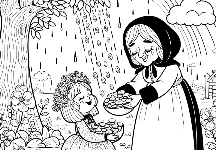 Mother Holle rewards daughter with a shower of gold - Free coloring page