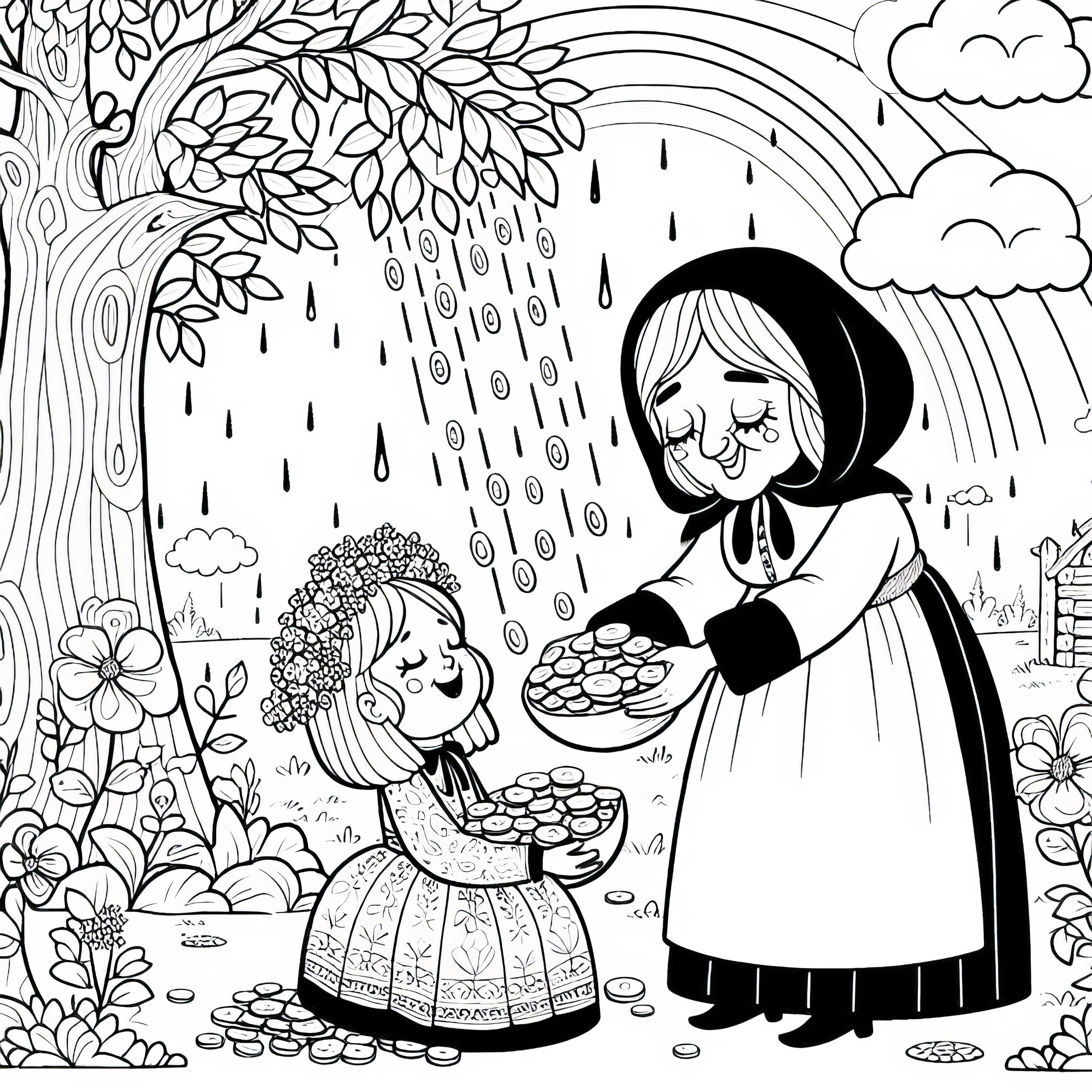 Nyonya Holle memberi hadiah kepada putrinya dengan hujan emas – Gambar untuk diwarnai gratis