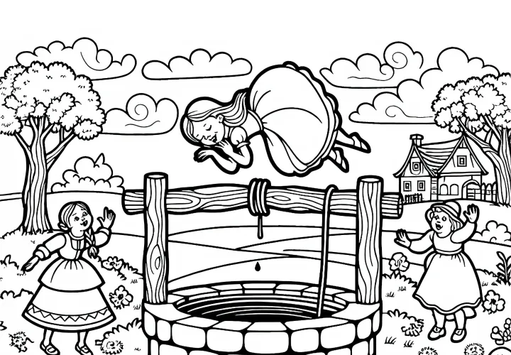 Lazy daughter jumps into well – Free coloring page of Frau Holle