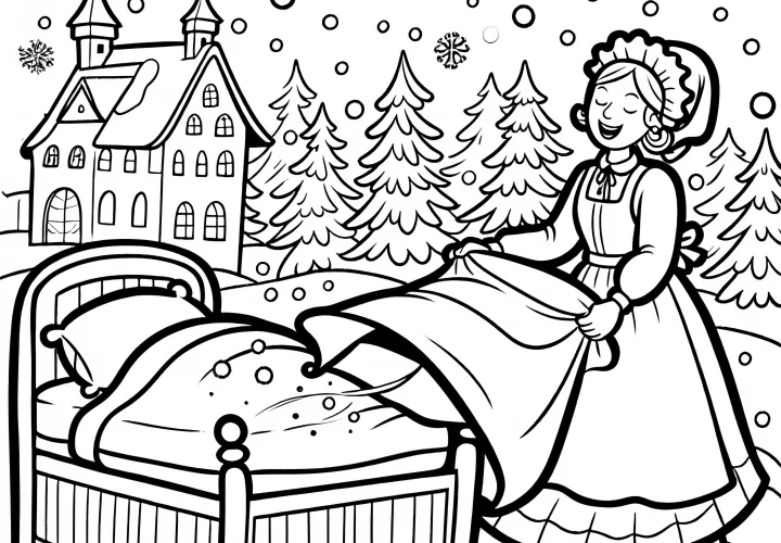 Mother Holle shakes out the beds: It's snowing on earth – Free coloring page