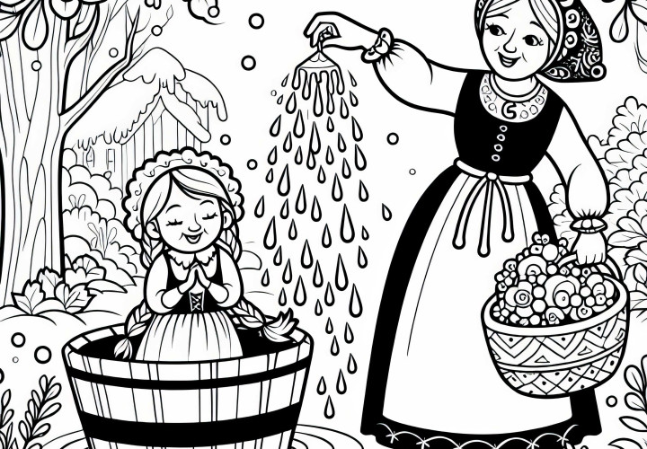 Anak pemalas disiram dengan lumpur - Template mewarnai Nyonya Holle gratis Putri malas disiram dengan pekat - Template mewarnai Ibu Holle gratis