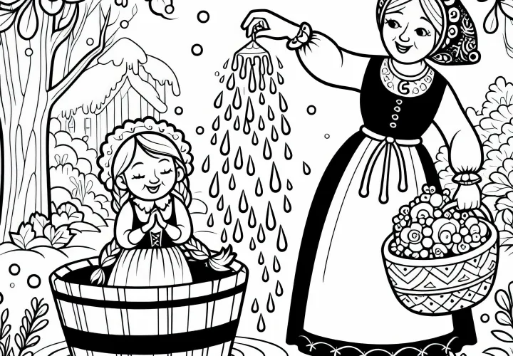 Lazy daughter is doused with pitch – Free coloring page of Mother Holle