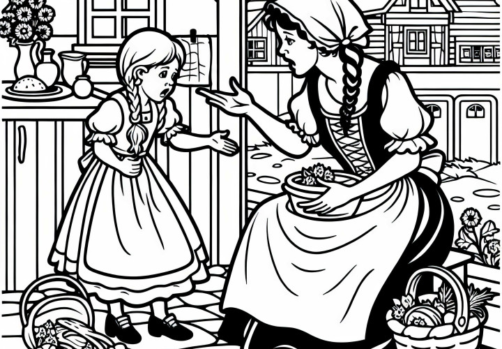 Anak perempuan yang rajin ditolak oleh ibu tiri – Template mewarnai Ibu Holle gratis
