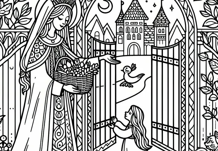 Mother Holle bids farewell to her hardworking daughter at the gate – free coloring template