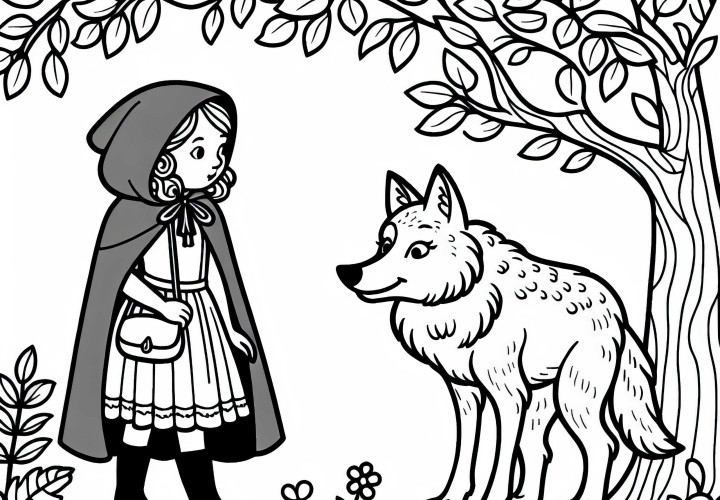 Cinderella berbicara dengan Serigala di tepi hutan - Gambar mewarnai dongeng gratis
