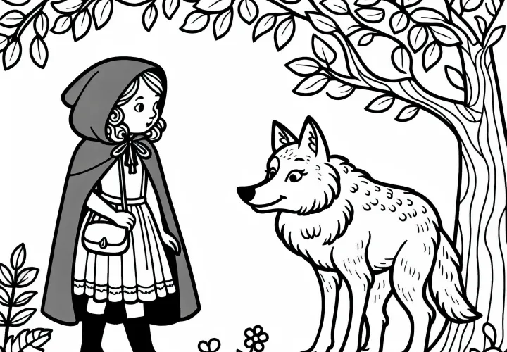 Красная Шапочка разговаривает с Волком на краю леса – раскраска сказки бесплатно