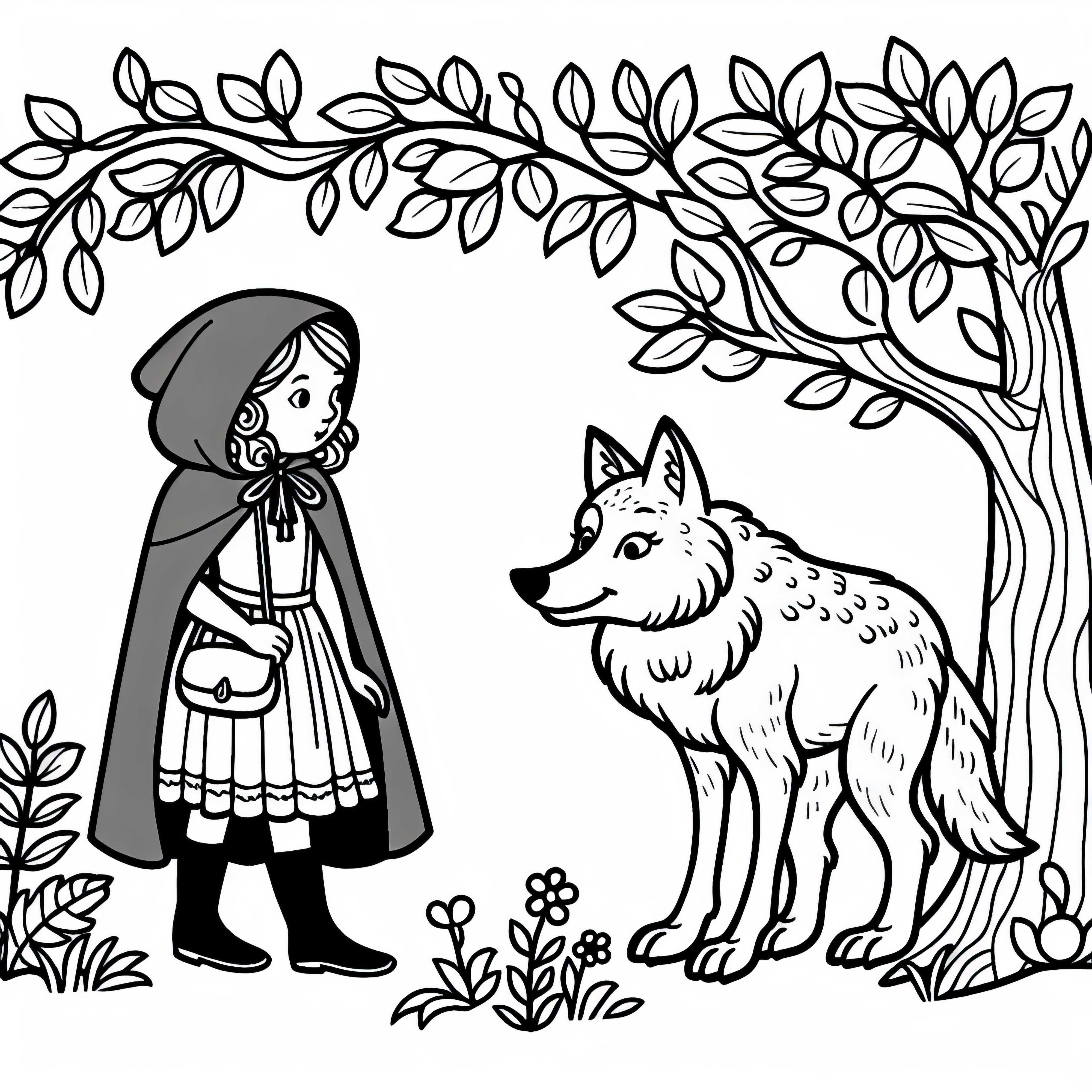 Little Red Riding Hood berbicara dengan Serigala di tepi hutan – Gambar untuk mewarnai Cerita Rakyat gratis