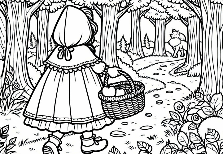 Little Red Riding Hood berjalan dengan keranjang melalui hutan - Template mewarnai dongeng gratis