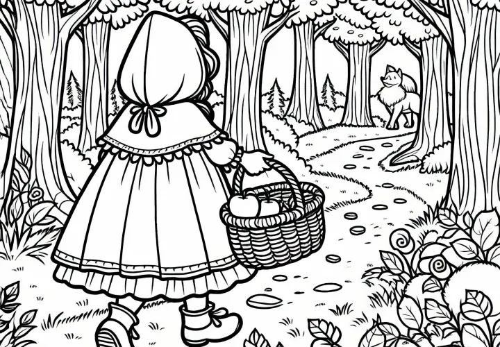 Красная Шапочка идет с корзиной по лесу – бесплатный раскраски сказка