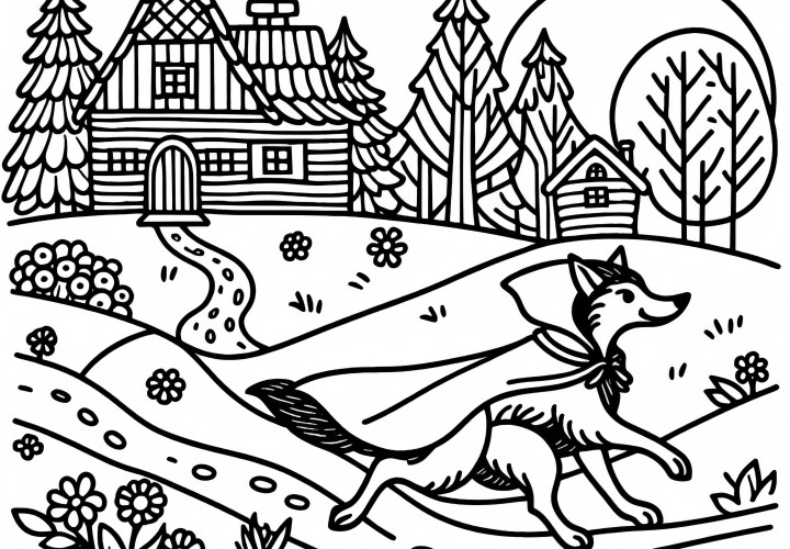 Serigala berlari di depan Little Red Riding Hood menuju nenek – Halaman mewarnai dongeng gratis