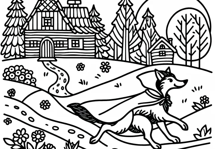Волк бежит к бабушке перед Красной Шапочкой – Бесплатный раскраска по сказке