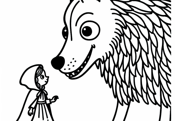 Si Gadis Berkerudung menyadari mata, telinga, dan gigi besar serigala - Contoh gambar untuk diwarnai Little Red Riding Hood menyadari mata, telinga, dan gigi besar serigala - lembar mewarnai