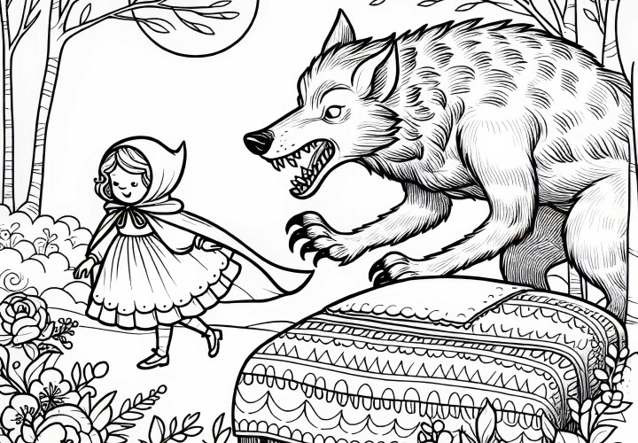 Serigala melompat dari tempat tidur dan melahap Little Red Riding Hood - Contoh gambar untuk mewarnai dongeng