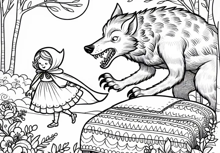 Волк выпрыгивает из кровати и поглощает Красную Шапочку – раскраска из сказки