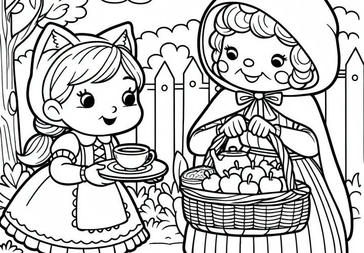 Красная Шапочка приносит бабушке еду и чай – раскраска для любителей сказок