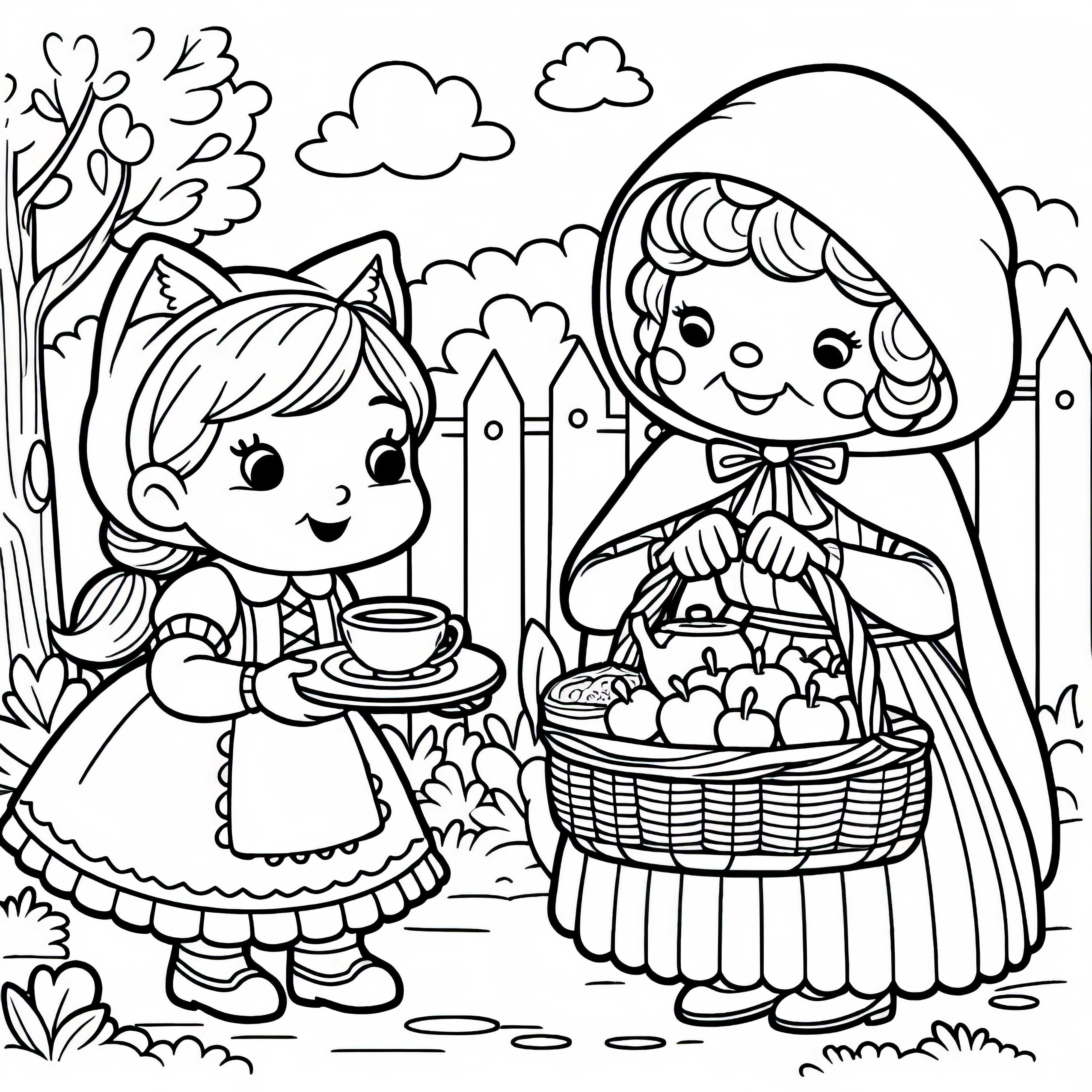 Little Red Riding Hood membawa nenek makanan dan teh - Gambar untuk mewarnai bagi pecinta dongeng