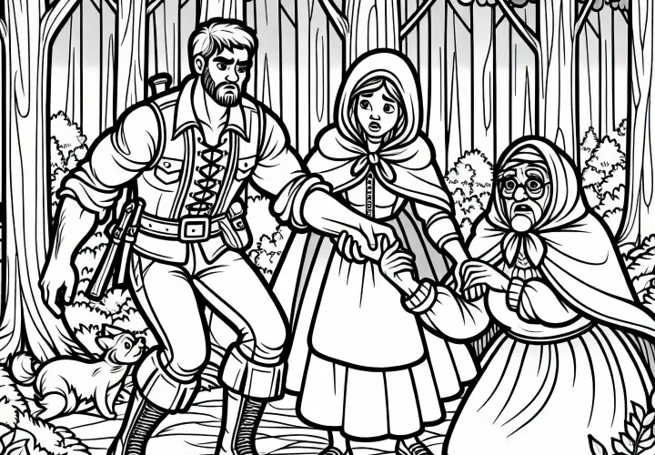 Охотник спасает Красную Шапочку и бабушку – Раскраска сказка