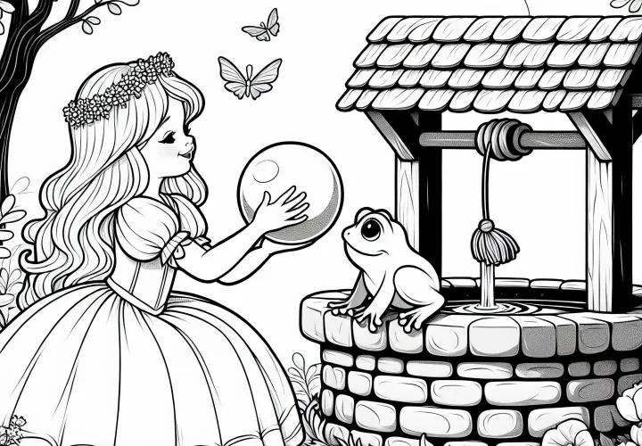 Princess plays with a golden ball by the fountain – Coloring page Frog Prince free