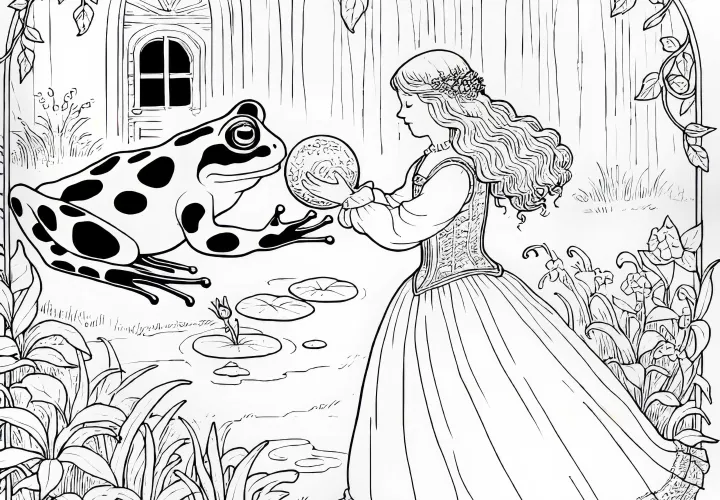 Frog brings ball back and demands something in return – Free coloring page of the Frog Prince