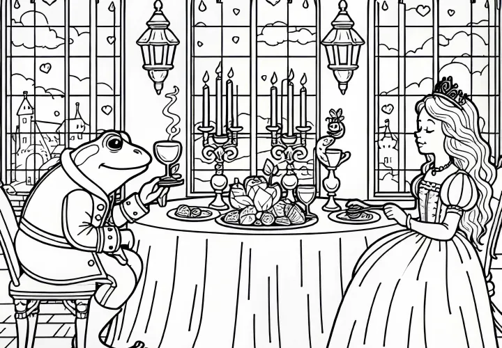 Frog sits with princess at the dining table in the castle – Color template Frog King Free