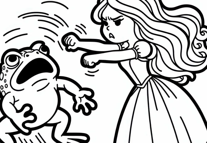Princess angrily throws frog against wall – Free coloring page Frog King