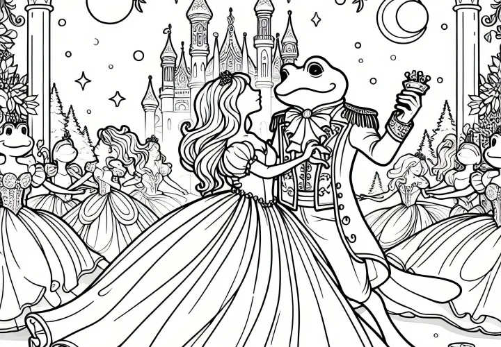 Princess and Prince Dancing at the Ball - Coloring Page Frog King Free