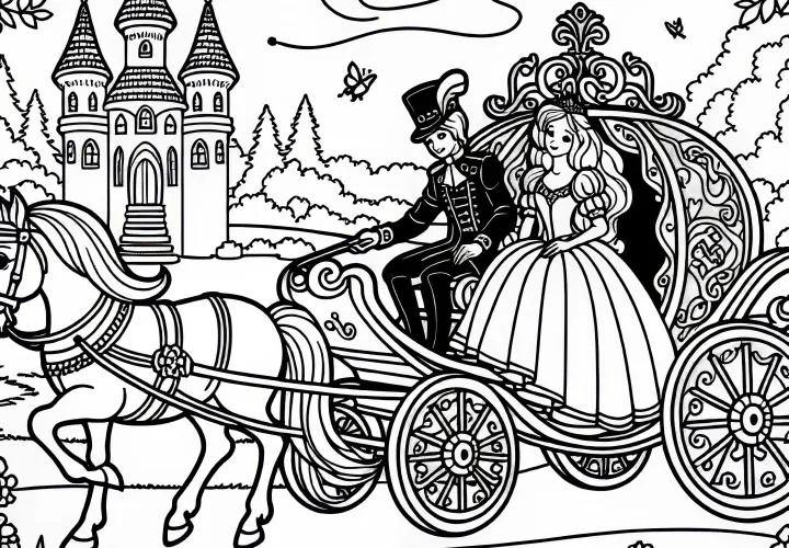 Princess and prince ride away in a carriage – Free coloring page of the Frog Prince
