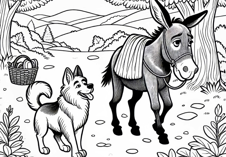 Köpek, yolculukta eşeğe katılıyor - Bremen Mızıkacıları masalı boyama sayfası Köpek, yolculukta eşeğe katılıyor - Bremen Mızıkacıları masalının boyama sayfası