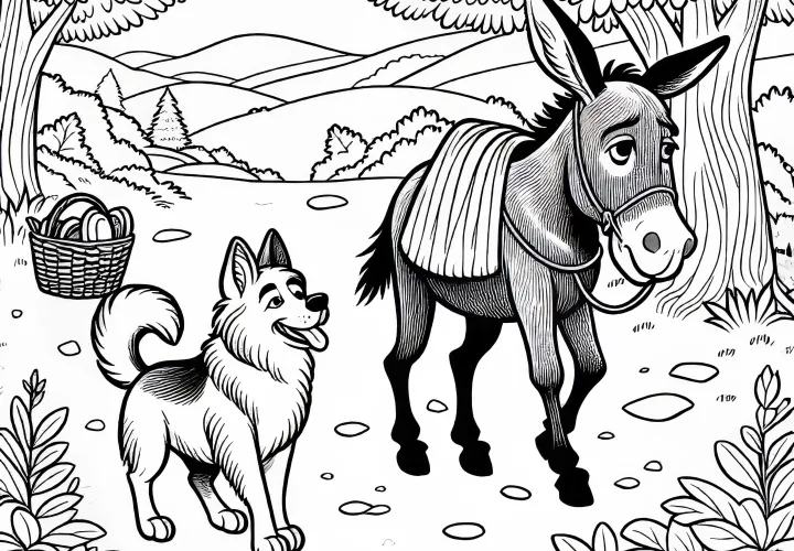 Dog joins donkey on the journey - Coloring page fairy tale Bremen Town Musicians