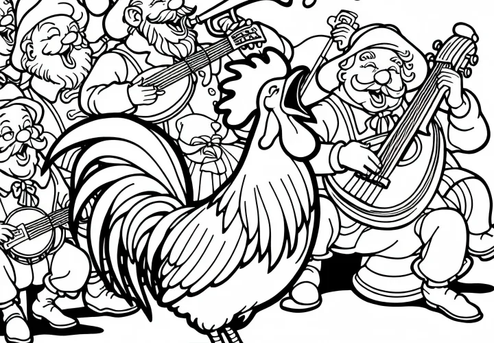 A rooster trills a song - Coloring page of the Bremen Town Musicians