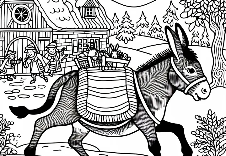 Donkey leaves the village to become a musician – Coloring page of the Bremen Town Musicians