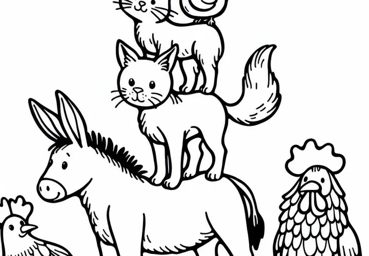 Four animals standing on top of each other - Coloring page of the Bremen Town Musicians