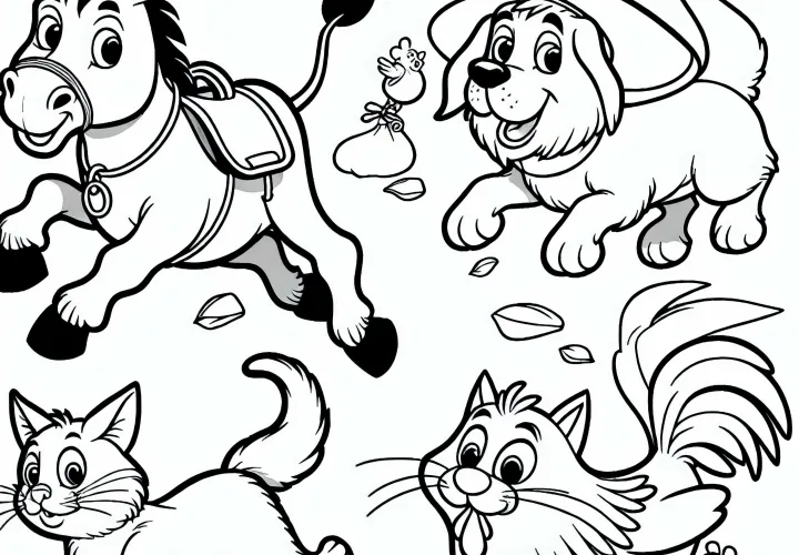 Donkey, dog, cat, and rooster - coloring page of the Bremen Town Musicians for free