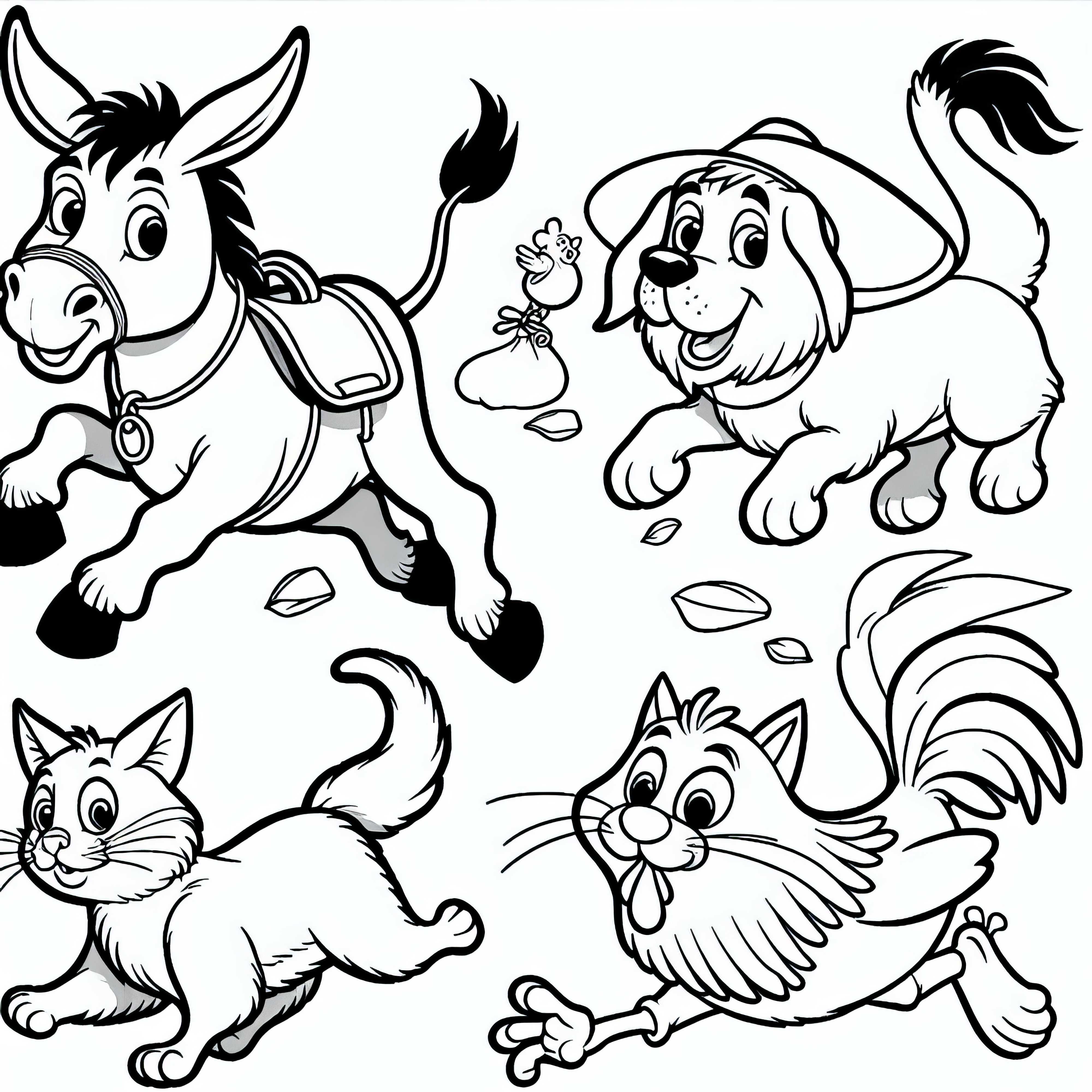 Burro, perro, gato y gallo - Dibujo para colorear de los músicos de Bremen gratis
