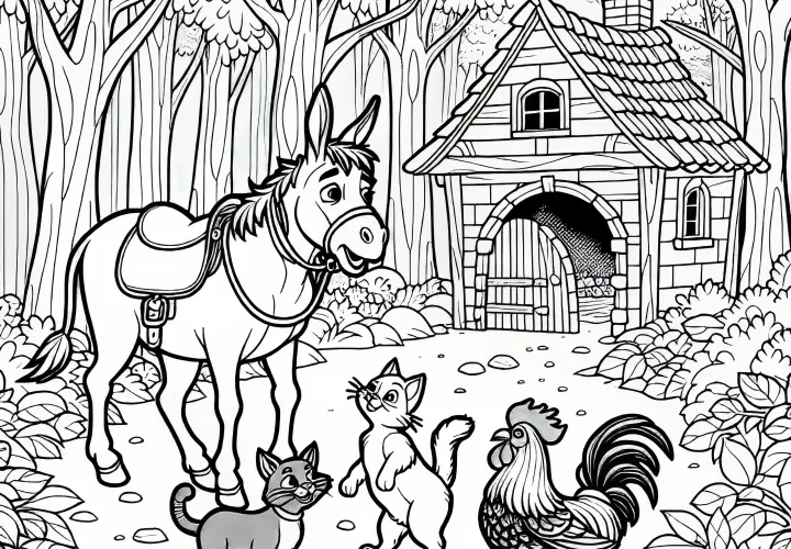 Donkey, dog, cat, and rooster in the robber's house in the forest – coloring page for the Bremen Town Musicians