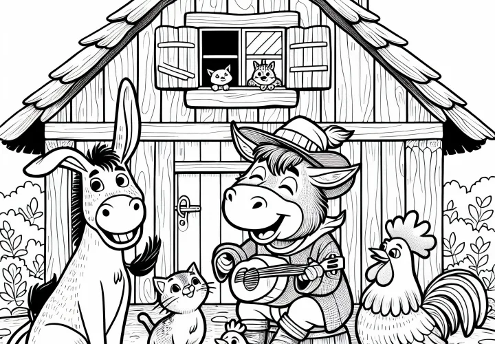 The Bremen Town Musicians sit happily at the robbers' house - Coloring picture fairy tale