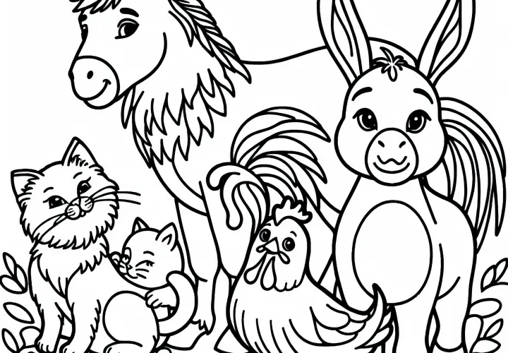 Rooster joins the group of the Bremen Town Musicians - Coloring page fairy tale