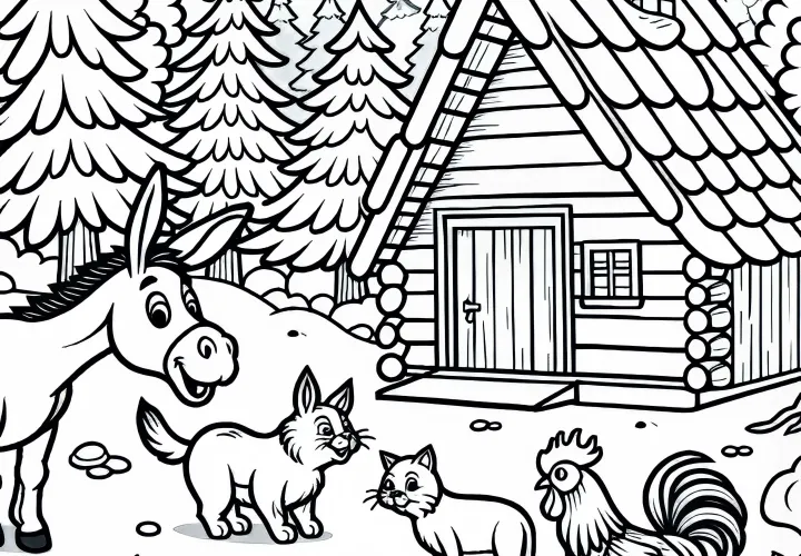 Bremen Town Musicians discover the robbers' house in the forest - Free fairy tale coloring template