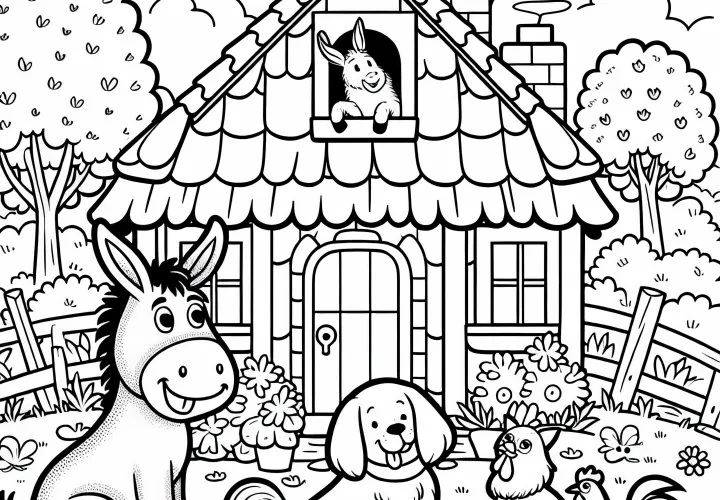The Bremen Town Musicians are cheerfully sitting at the Robbers' house – coloring page for a fairy tale