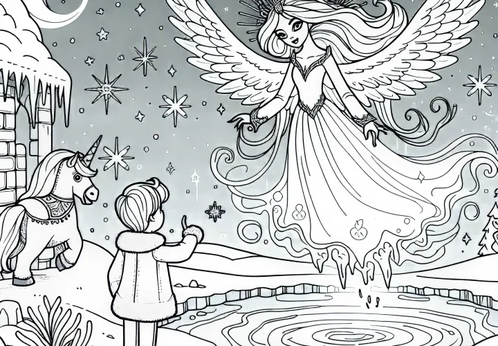 The Snow Queen floats and observes Kay - Download coloring page for free