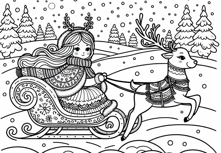Gerda conduce un trineo de renos a través de un paisaje nevado - Dibujo para colorear de la Reina de las Nieves gratis