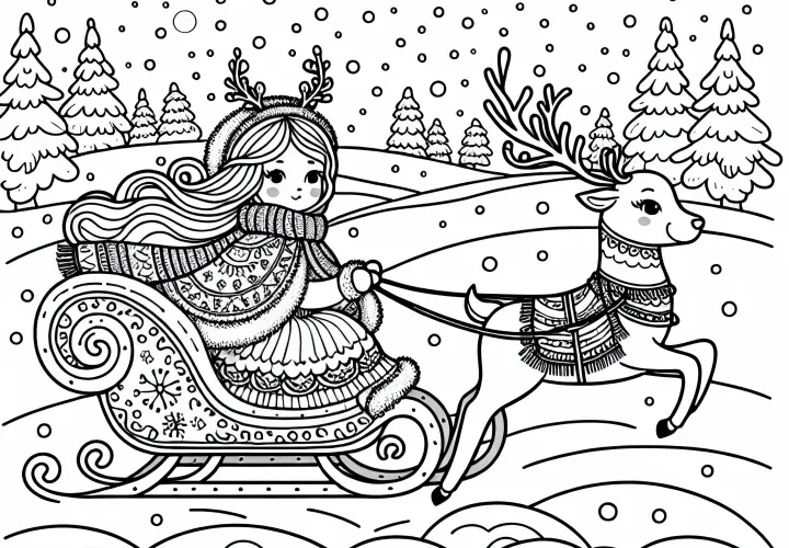 Gerda rides on a reindeer sled through a snowy landscape - Free coloring page of the Snow Queen