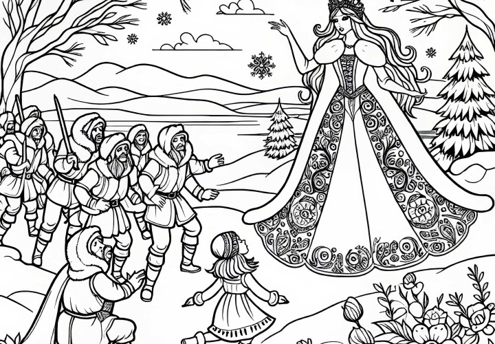 Gerda se encuentra con la banda de ladrones - Dibujo para colorear de La Reina de las Nieves gratis