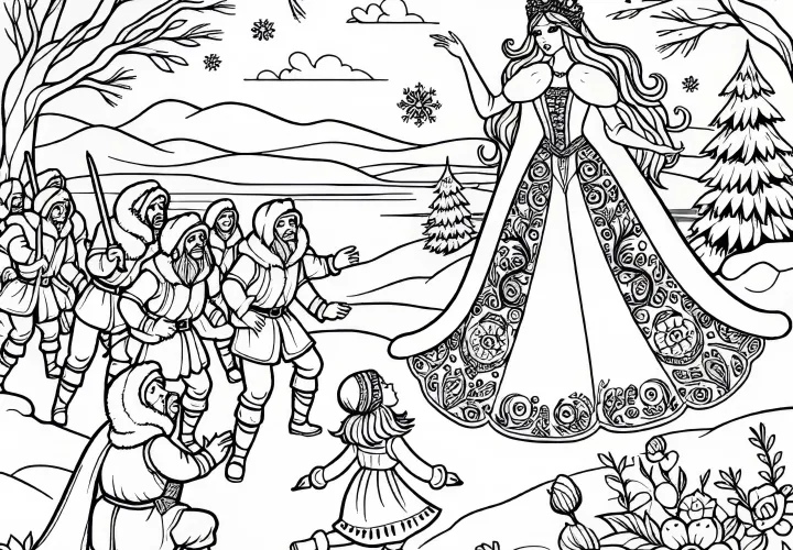 Gerda encounters a band of robbers – Coloring page The Snow Queen for free