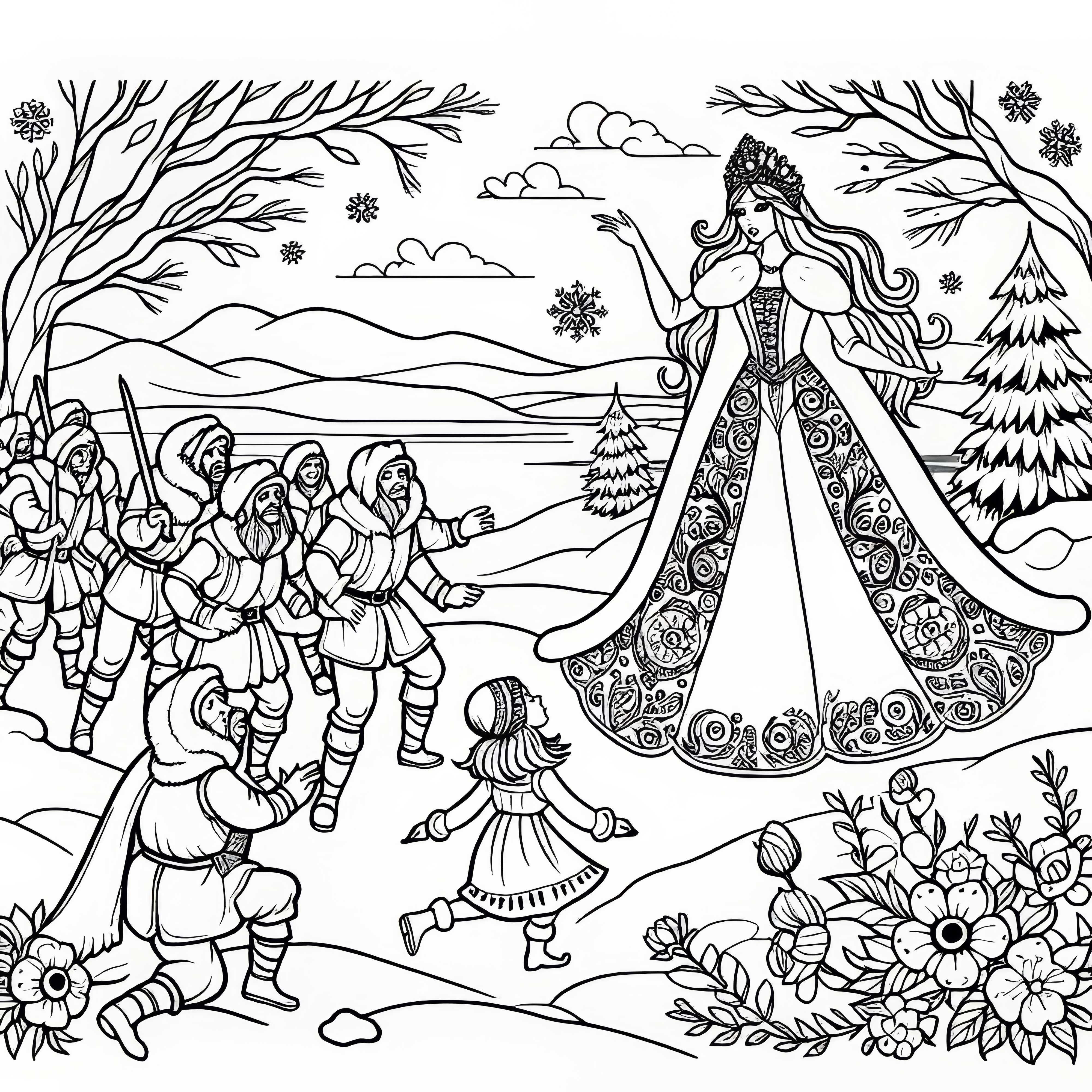 Gerda se encuentra con la banda de ladrones – Dibujo para colorear de La Reina de las Nieves gratis
