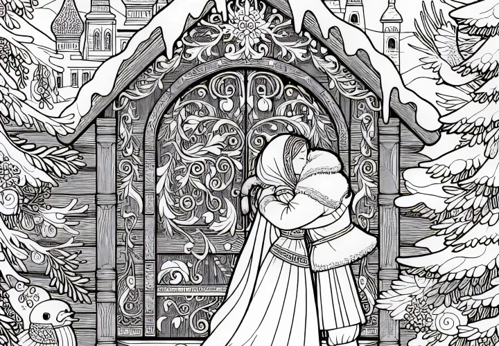 Gerda finds Kay in the palace of the Snow Queen and hugs him – Coloring page Snow Queen