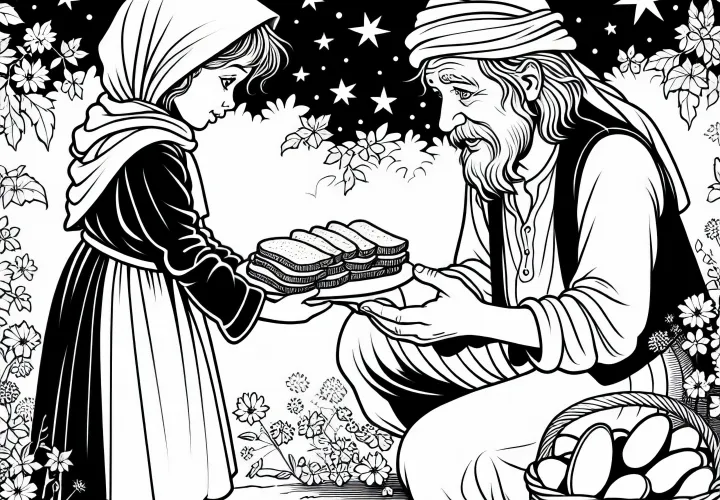 The poor girl gives the beggar her piece of bread – Free coloring page of Star Money
