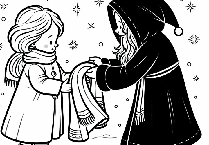 Gadis itu memberikan jaketnya kepada seorang anak yang menggigil – Gambar pewarnaan Sterntaler untuk diunduh secara gratis