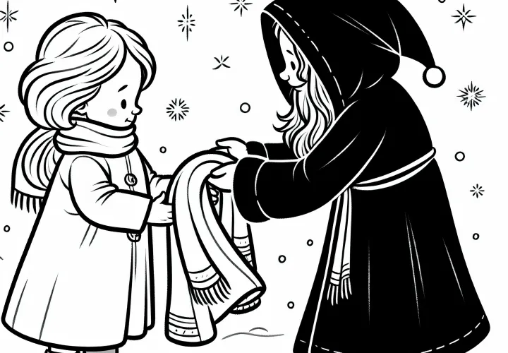 The girl gives her jacket to a child who is shivering – Coloring page of Star Money for free download